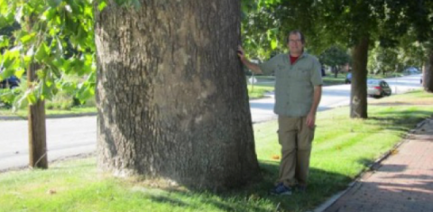 Man standing in front of a sycamore tree